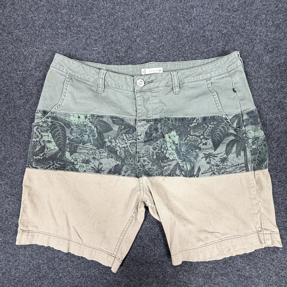 Rusty Shorts Mens 34 Green Tan Colorblock Floral Print Button Fly Cotton Spandex